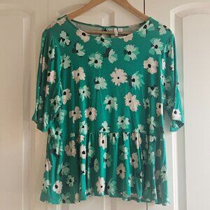 Elle Women's Top Size XL Green Floral Peplum Short Sleeve Bow Accent Office